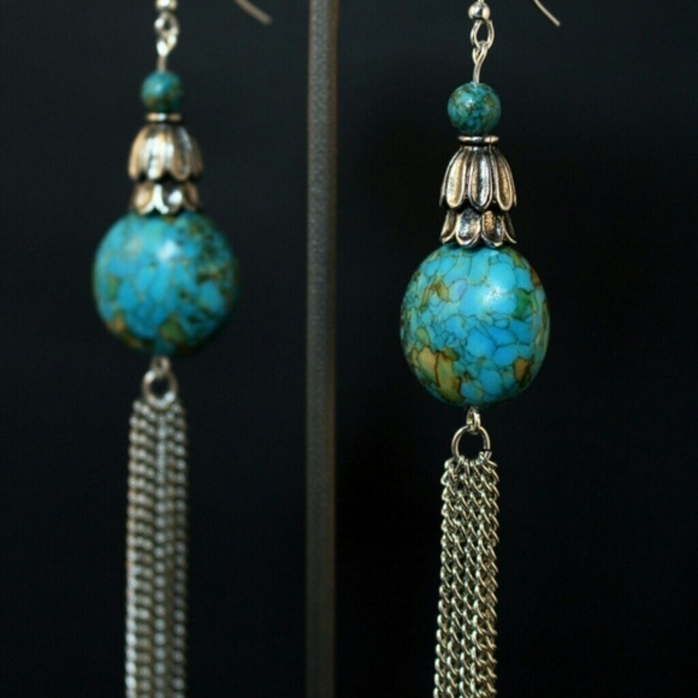 Turquoise Mosaic Chain Earrings - Picture 2 of 3